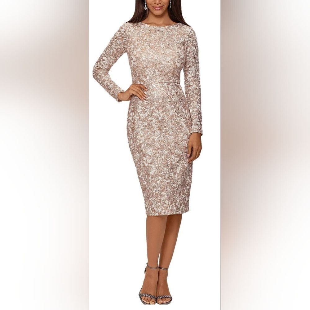 Xscape Sequined and Lace Midi Cocktail Dress NWT size 14P champagne/white
